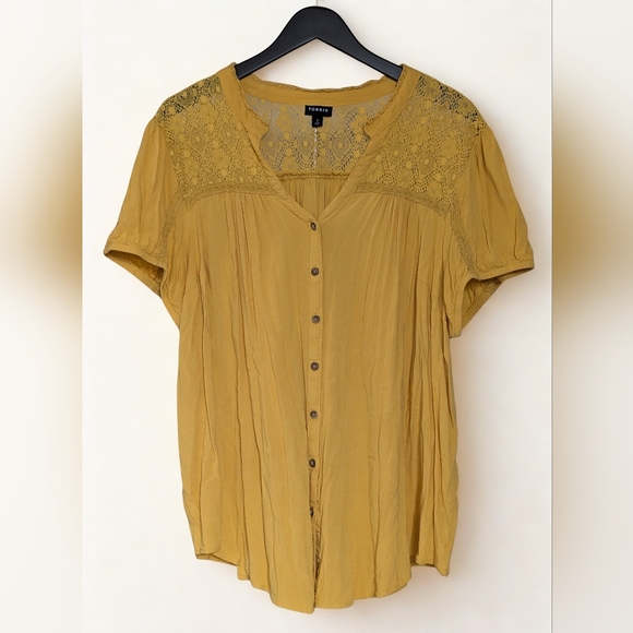 torrid Tops - Torrid Yellow Button Up Blouse with Lace